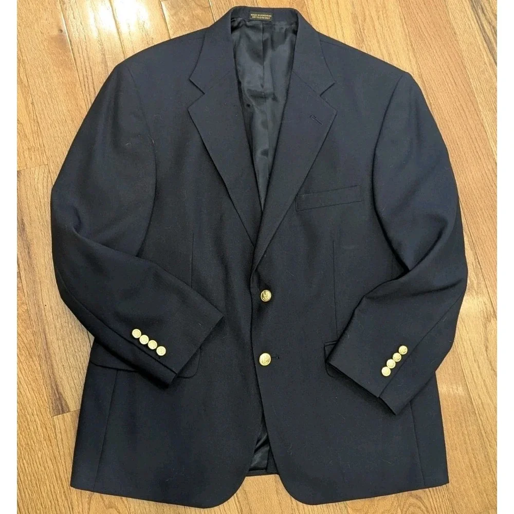 Old Money Navy Wool Blazer Gold Crest Buttons Preppy Ivy 42S Sport Coat